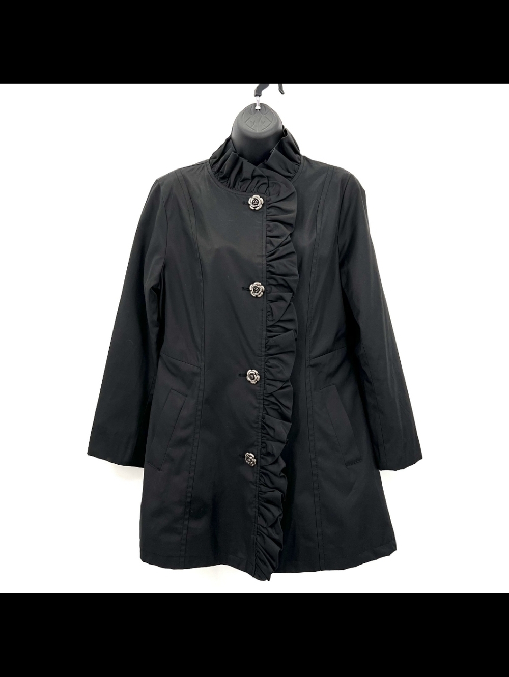 Betsy Johnson Ruffle Trim Trench Coat Women’s Sz Large, Black